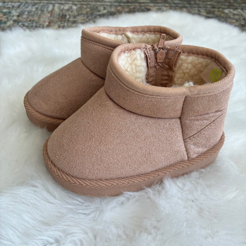 Toddler Girls Rose Gold Glitter Faux Shearling Lined Ankle Boots Size 4 Zip Up